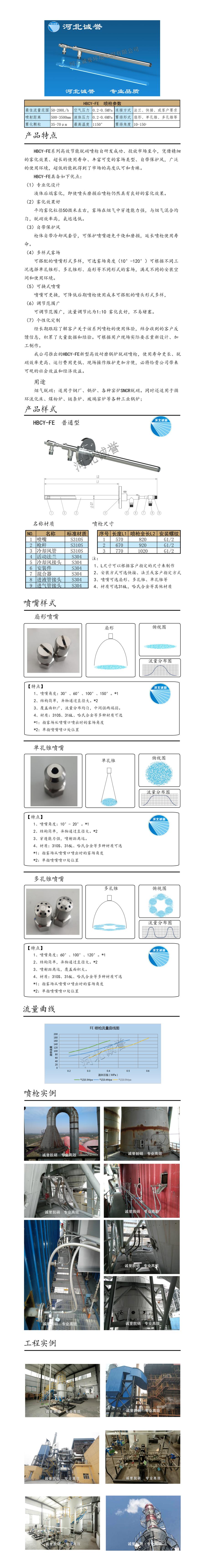 脫硝噴槍、保護(hù)套、噴槍參數(shù)、材質(zhì)尺寸、流量分布圖、扇形空心錐俯視圖介紹，以及噴槍霧化視頻展示和工程案例介紹